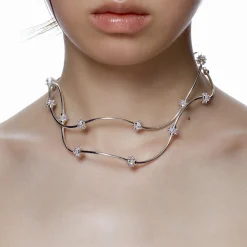 Ripple / Curved Silver Tube Gemstone Bead Necklace