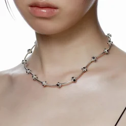 Ripple / Curved Silver Tube Gem Bead Short Necklace（Bracelet）